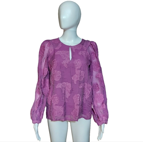 LOFT Floral Jacquard Keyhole Blouse In Violet - Picture 2 of 12